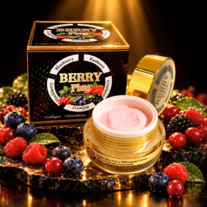 Dynamic product photography of Berry Plus Extra Whitening Cream open gold jar with fresh blueberries raspberries and cranberries exploding dramatically around the jar in mid-air splash, soft pink cream texture swirling upward from the open jar, deep dark background with warm gold and berry red light glow, rich berry antioxidant skincare energy, premium luxury beauty campaign style, sharp product focus center, square 1:1 format, ultra cinematic opulent berry whitening skincare shot