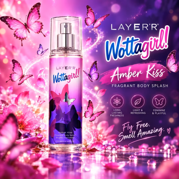 Dynamic product photography of Layer'r Wottagirl Amber Kiss Body Splash clear glass bottle with pink and purple fragrant mist cloud bursting beautifully from the pump nozzle, dozens of pink magenta and purple butterflies swirling dramatically in the mist, vibrant purple and pink background with glowing light bokeh, playful youthful feminine energy, fresh fragrant beauty campaign style, sharp product focus center, square 1:1 format, ultra cinematic magical whimsical shot