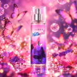 Dynamic product photography of Layer'r Wottagirl Amber Kiss Body Splash clear glass bottle with pink and purple fragrant mist cloud bursting beautifully from the pump nozzle, dozens of pink magenta and purple butterflies swirling dramatically in the mist, vibrant purple and pink background with glowing light bokeh, playful youthful feminine energy, fresh fragrant beauty campaign style, sharp product focus center, square 1:1 format, ultra cinematic magical whimsical shot