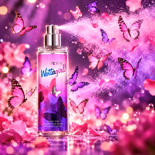 Dynamic product photography of Layer'r Wottagirl Amber Kiss Body Splash clear glass bottle with pink and purple fragrant mist cloud bursting beautifully from the pump nozzle, dozens of pink magenta and purple butterflies swirling dramatically in the mist, vibrant purple and pink background with glowing light bokeh, playful youthful feminine energy, fresh fragrant beauty campaign style, sharp product focus center, square 1:1 format, ultra cinematic magical whimsical shot