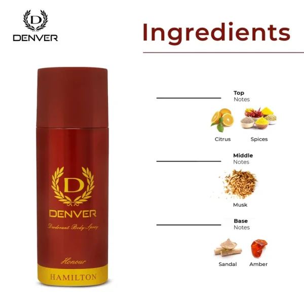 Denver Hamilton Honour Body Spray 165m is a fresh and sensual blend of notes with juiciness of grapefruit at the top. Middle notes are rose, Cinnamon and spices. Base notes are woody, musky and amber,long-lasting masculine fragrance at Modern Beauty BD