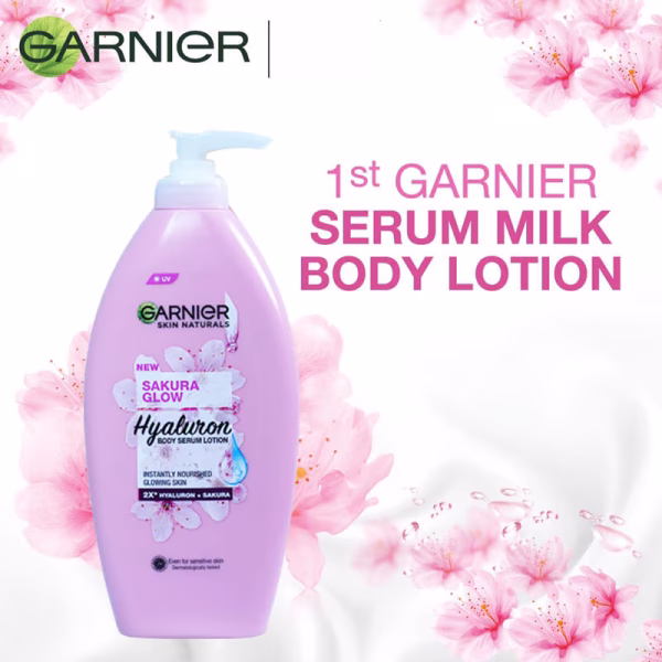 Garnier Sakura Glow Hyaluron Body Serum Lotion hydrates and brightens skin.