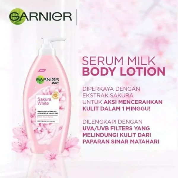 Garnier Sakura Glow Hyaluron Body Serum Lotion 400ml Enriched with Sakura extract from Japan for brighter, smoother and glowing skin. Benefits: Milky Body Whitening Serum is rich in pure extracts from Sakura which have properties that help brighten the skin proven in 1 week.