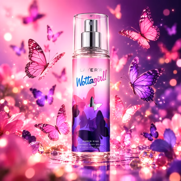 Dynamic product photography of Layer'r Wottagirl Amber Kiss Body Splash clear glass bottle with pink and purple fragrant mist cloud bursting beautifully from the pump nozzle, dozens of pink magenta and purple butterflies swirling dramatically in the mist, vibrant purple and pink background with glowing light bokeh, playful youthful feminine energy, fresh fragrant beauty campaign style, sharp product focus center, square 1:1 format, ultra cinematic magical whimsical shot