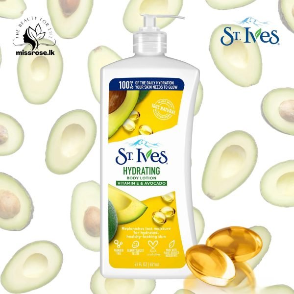 St. Ives Hydrating Vitamin E & Avocado Body Lotion – Helps restore the skin’s natural softness and elasticity.