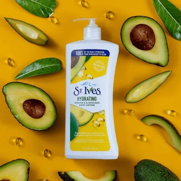 St. Ives Hydrating Vitamin E & Avocado Body Lotion Free from parabens and dermatologically tested for all skin types.