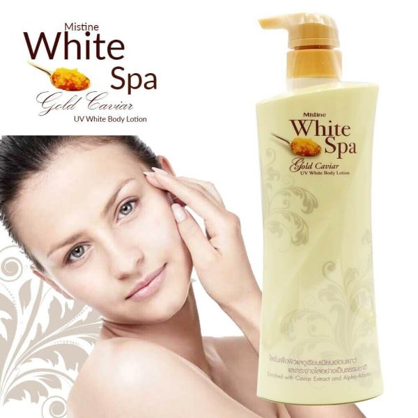 White Spa Gold Caviar UV Whitening Body Lotion brightens and nourishes skin with UV protection.