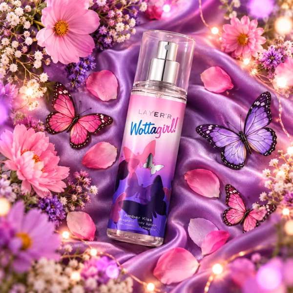 Dynamic product photography of Layer'r Wottagirl Amber Kiss Body Splash clear glass bottle with pink and purple fragrant mist cloud bursting beautifully from the pump nozzle, dozens of pink magenta and purple butterflies swirling dramatically in the mist, vibrant purple and pink background with glowing light bokeh, playful youthful feminine energy, fresh fragrant beauty campaign style, sharp product focus center, square 1:1 format, ultra cinematic magical whimsical shot
