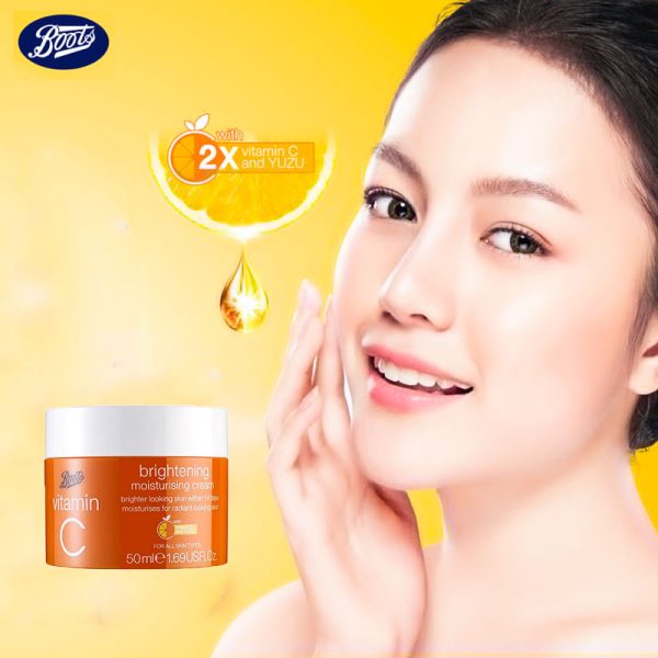 Boots Brightening Moisturising Cream with Vitamin C for daily skincare.