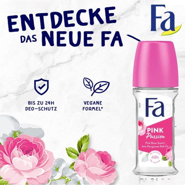 Fa Pink Passion Roll On refreshing floral deodorant for women’s daily use.