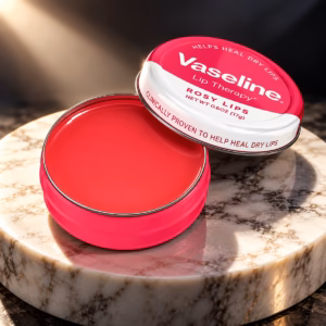 Authentic Vaseline Lip Therapy Rosy Lips jar on a clean background