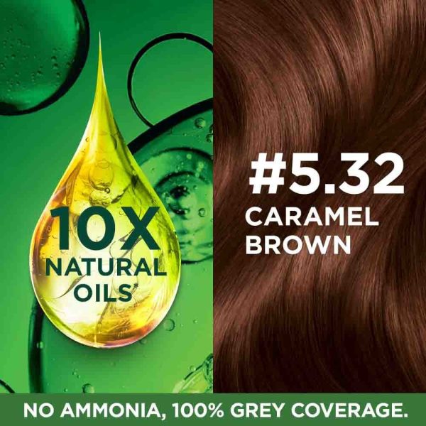 Garnier Naturals Caramel Brown hair color 5.32, rich brown shade for silky smooth hair.