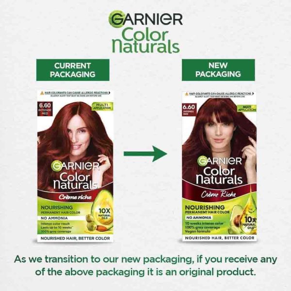 Garnier Hair Color Naturals Intense Red shade 6.60, 70ml+60g nourishing hair dye kit.
