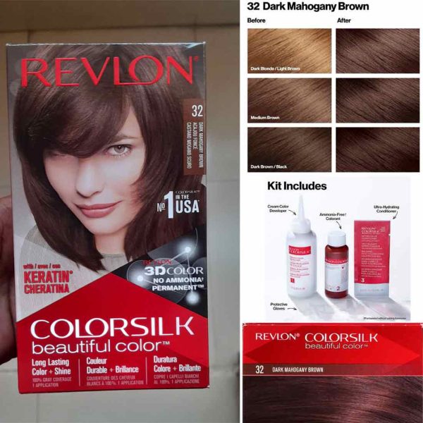 Revlon Silk Hair Color Dark Mahogany Brown 32 nourishing long-lasting hair dye.