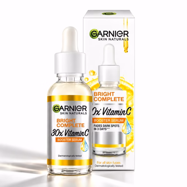 Authentic Garnier Vitamin C Serum bottle displaying bright yellow packaging for dark spot reduction