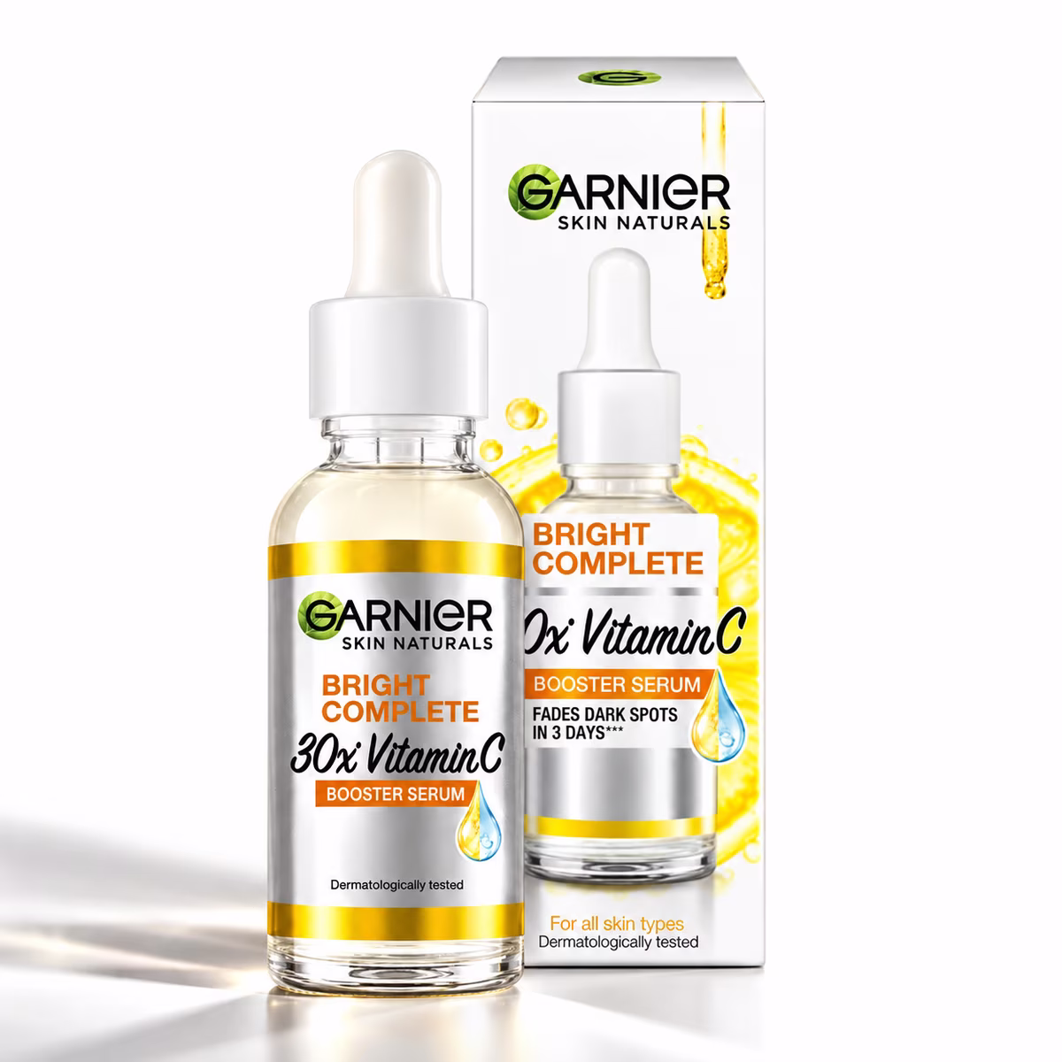 Authentic Garnier Vitamin C Serum bottle displaying bright yellow packaging for dark spot reduction