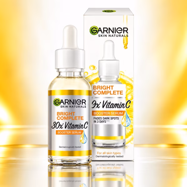 Authentic Garnier Vitamin C Serum bottle displaying bright yellow packaging for dark spot reduction