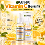 Authentic Garnier Vitamin C Serum bottle displaying bright yellow packaging for dark spot reduction