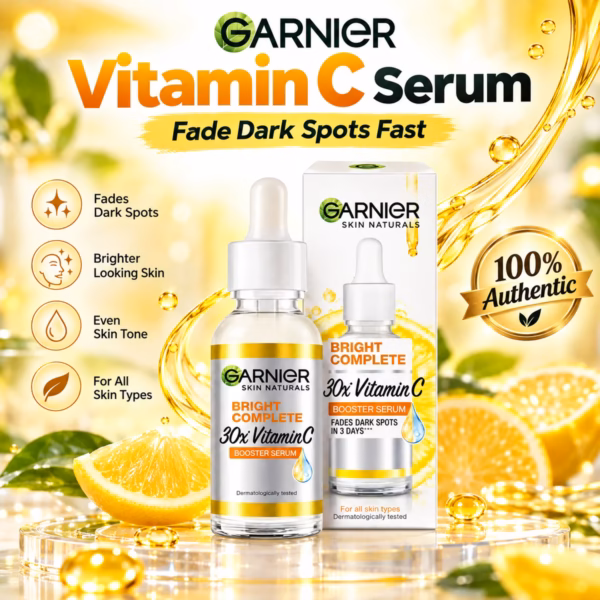 Authentic Garnier Vitamin C Serum bottle displaying bright yellow packaging for dark spot reduction