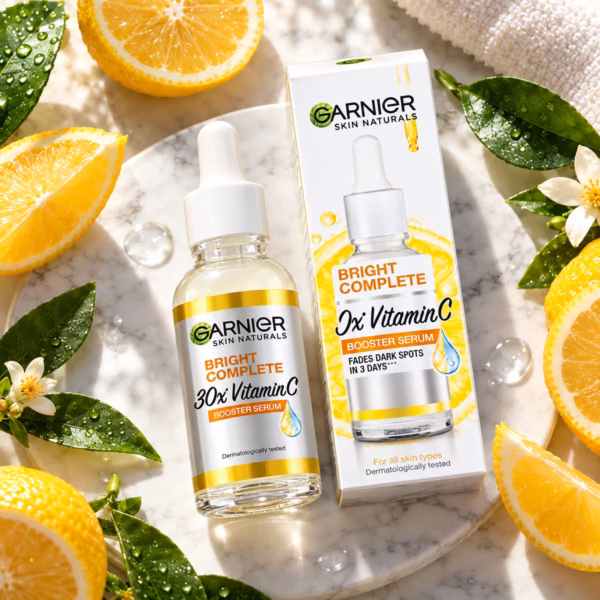 Authentic Garnier Vitamin C Serum bottle displaying bright yellow packaging for dark spot reduction