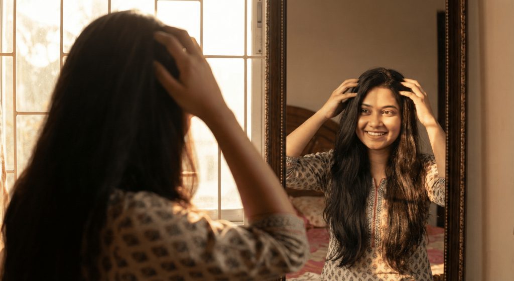 girl having beautiful and healty hari during winter moring