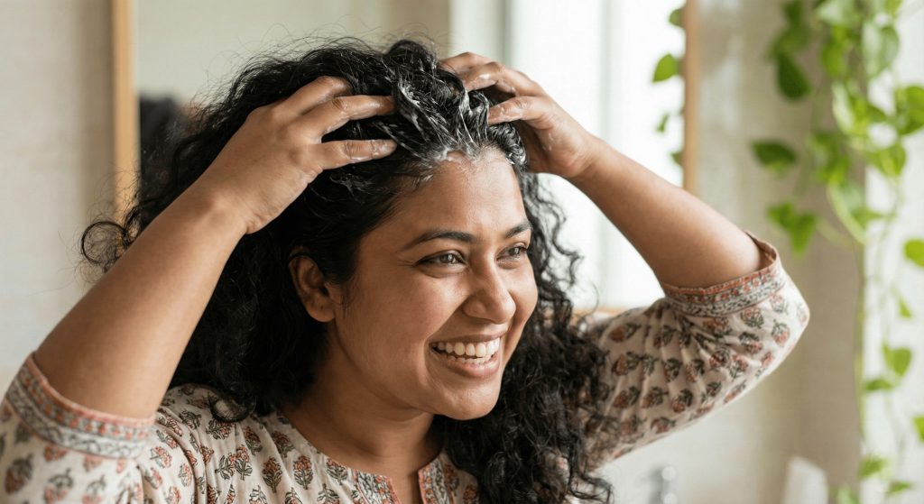 middle added women applying dandruff controlling products for winter care