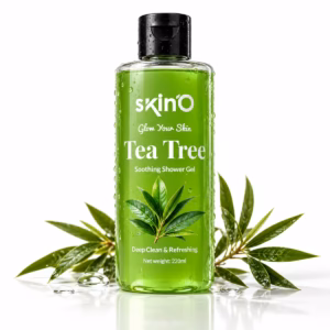 Authentic Skino Tea Tree Soothing Shower Gel bottle on green background