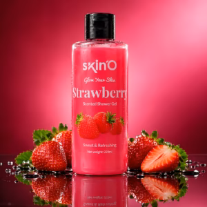 Authentic Skin'O Strawberry Scented Shower Gel bottle showing rich lather