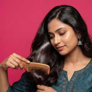 Modern and beautiful woman taking care of her hear for long and beautiful hair