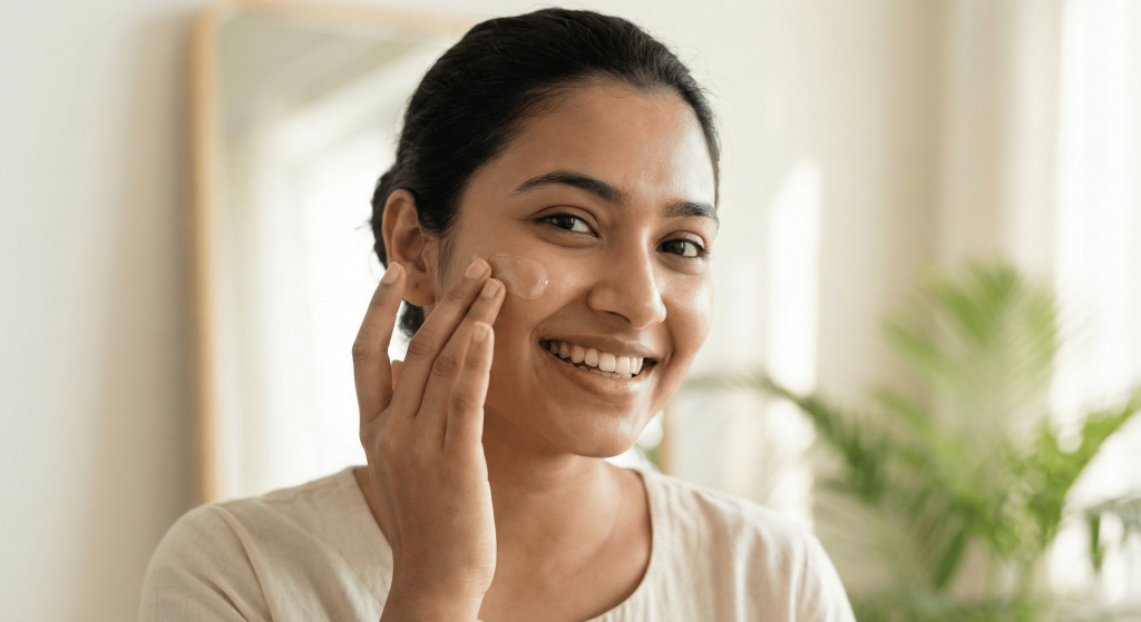 oily skin women applying moisturizer for to take care her skin into winter