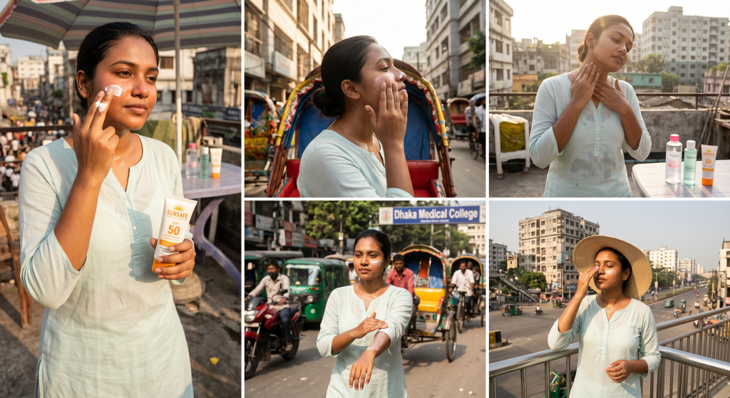 Woman applying sunscreen in hot humid Bangladesh weather