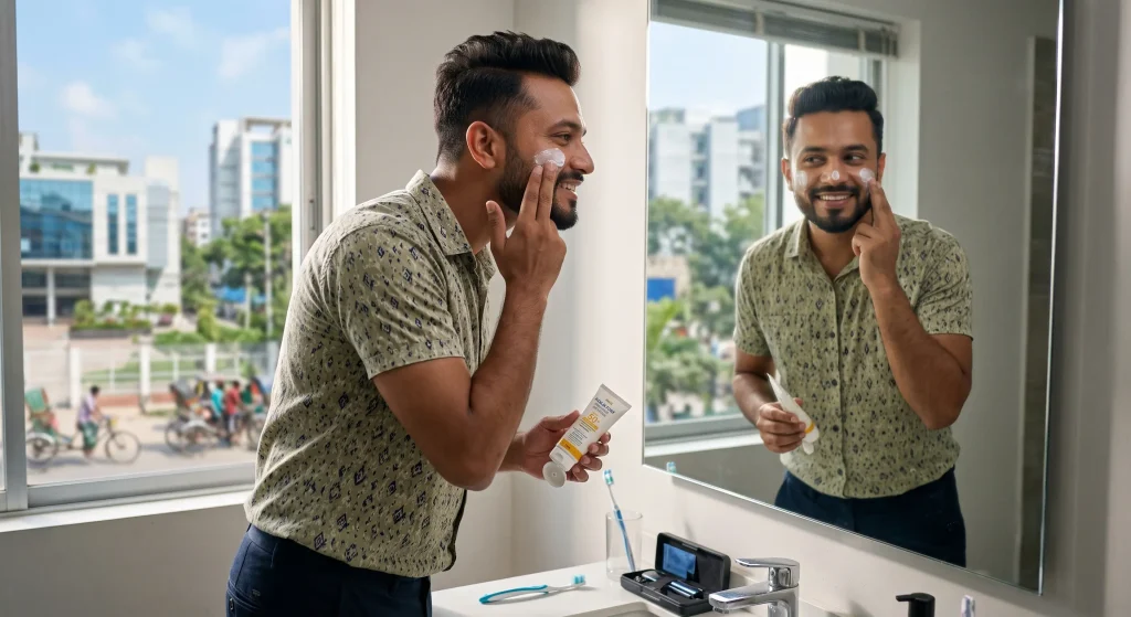 A modern man applying daily face sunscreen as part of his morning grooming routine