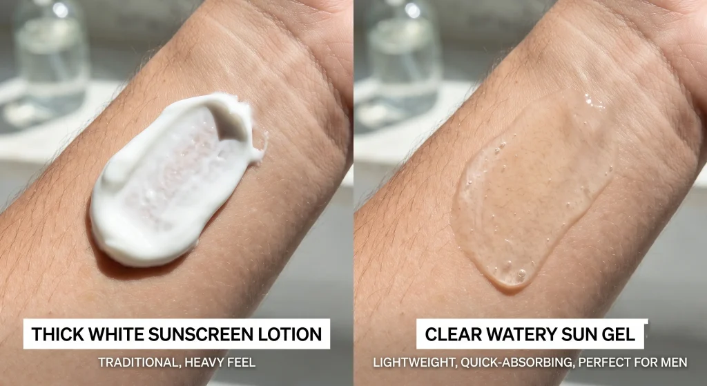 Comparing the texture of a traditional heavy sunscreen versus a lightweight watery sun gel perfect for men
