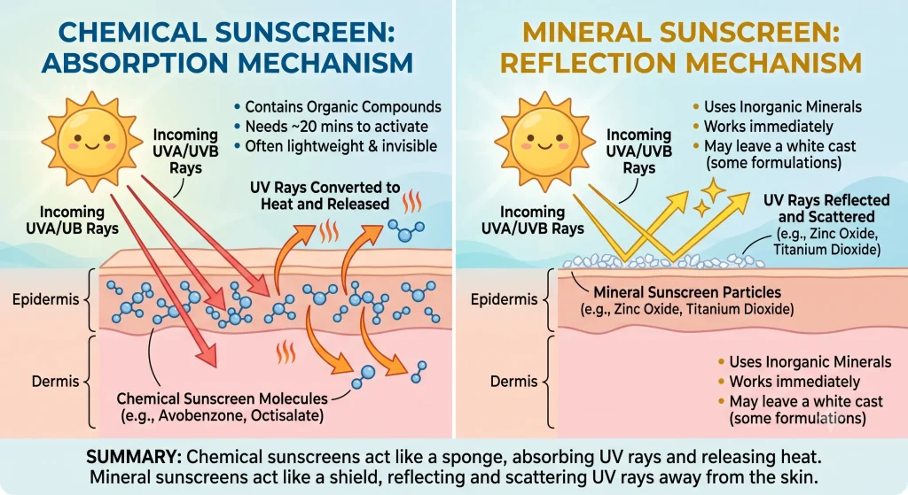 Diagram showing the scientific difference between chemical and mineral UV protection
