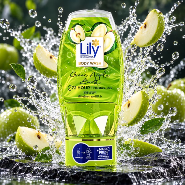 Authentic lily green apple burst body wash 250ml clear bottle
