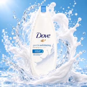 Original dove gentle exfoliating nourishing body wash 200ml bottle on a clean background