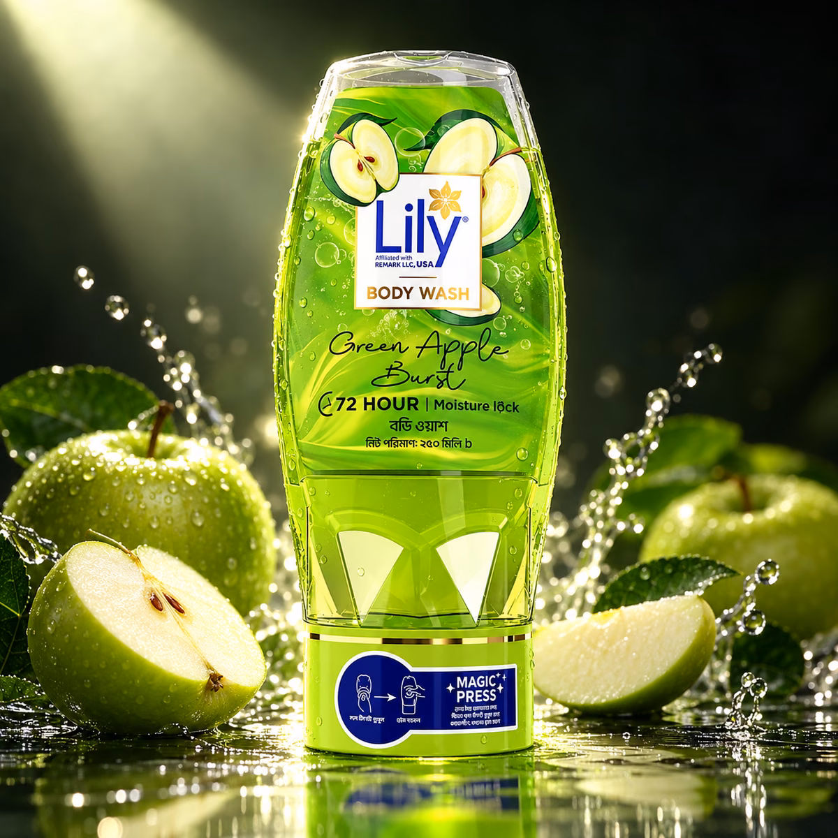 Authentic lily green apple burst body wash 250ml clear bottle