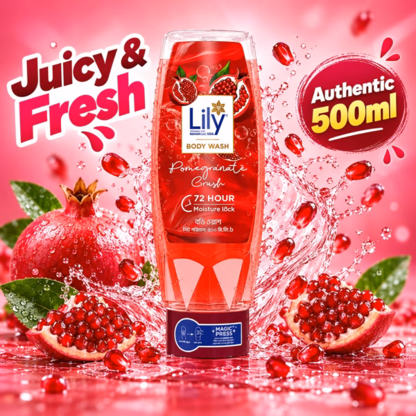 Lily Pomegranate Crush Body Wash 500ml bottle with fresh pomegranate splash