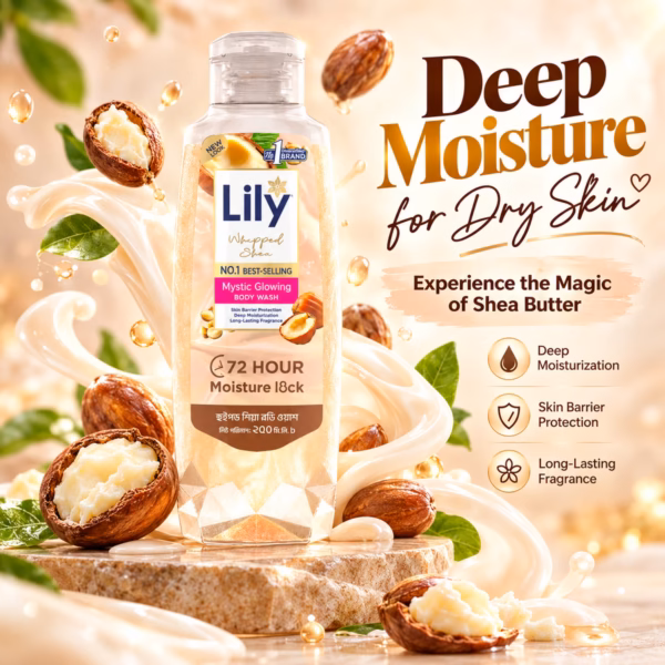Authentic lily whipped shea body wash 500ml bottle for dry skin