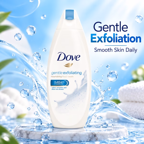Original dove gentle exfoliating nourishing body wash 200ml bottle on a clean background