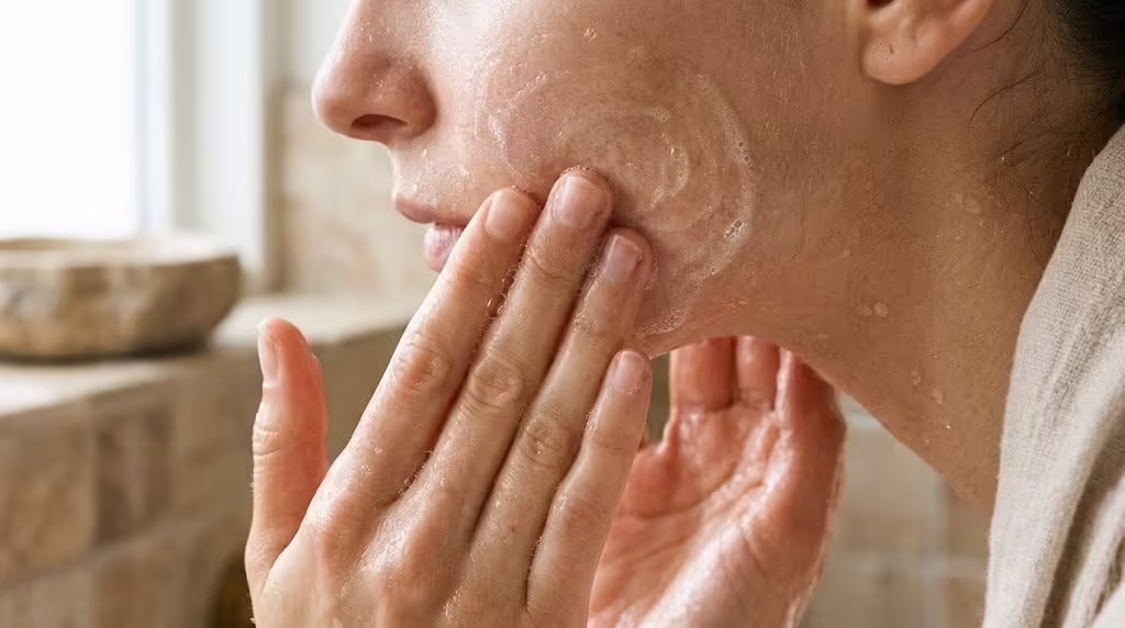 Woman applying sensitive skin cleanser