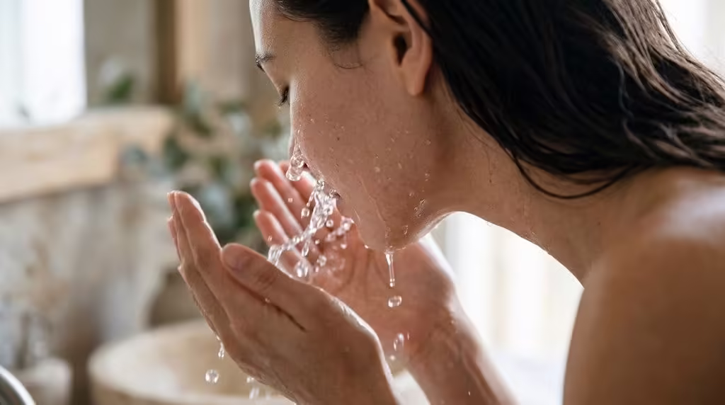Woman splashing fresh water on her face in a bright bathroom
