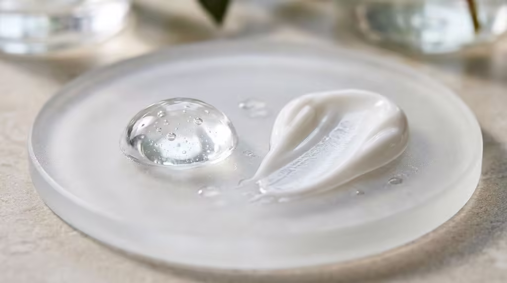 Comparison of clear gel cleanser texture next to creamy hydrating emulsion