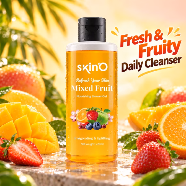 skin'o mixed fruit nourishing shower gel 220ml bottle on a clean background