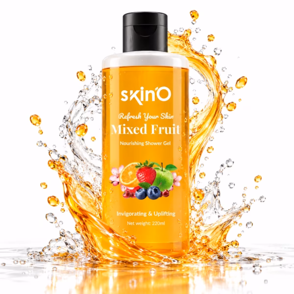 skin'o mixed fruit nourishing shower gel 220ml bottle on a clean background